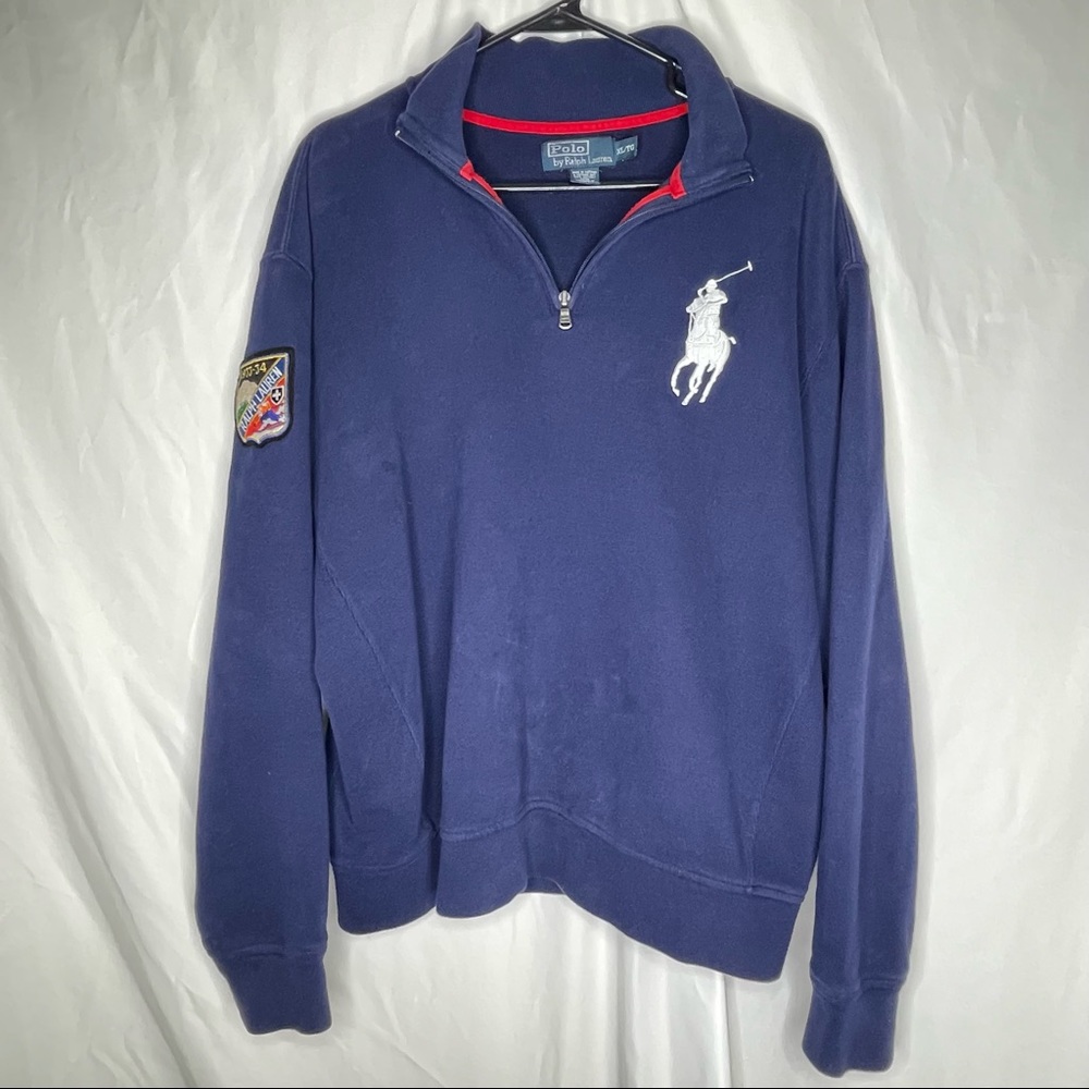 Polo Ralph Lauren Blue Big White Pony 1/4 Zip Sweatshirt Shirt Sweater Top XL
